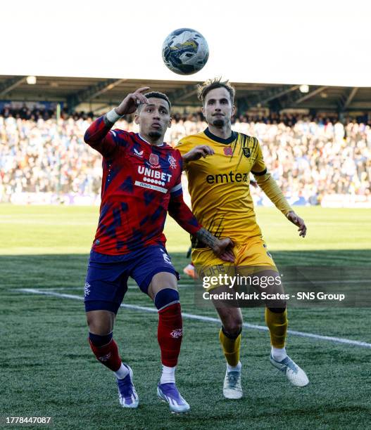 Rangers' James Tavernier and Livingston's Andrew Shinnie in action during a cinch Premiership match between Livingston and Rangers at the Tony...