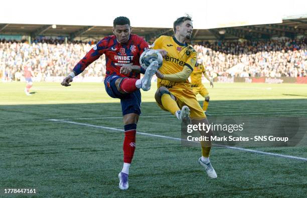 Rangers' James Tavernier and Livingston's Andrew Shinnie in action during a cinch Premiership match between Livingston and Rangers at the Tony...