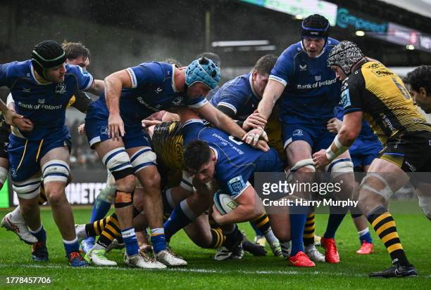 Wales , United Kingdom - 12 November 2023; Dan Sheehan of Leinster on his way to scoring his side's first try during the United Rugby Championship...