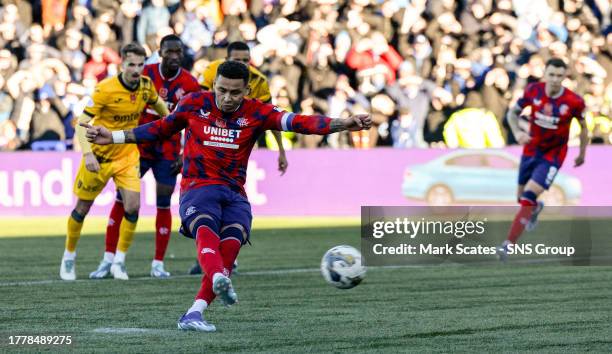 Rangers' James Tavernier scores to make it 2-0 during a cinch Premiership match between Livingston and Rangers at the Tony Macaroni Arena, on...