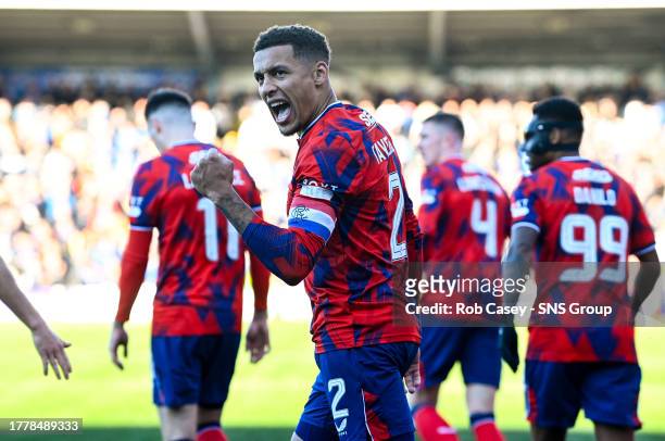 Rangers' James Tavernier celebrates after scoring to make it 2-0 during a cinch Premiership match between Livingston and Rangers at the Tony Macaroni...