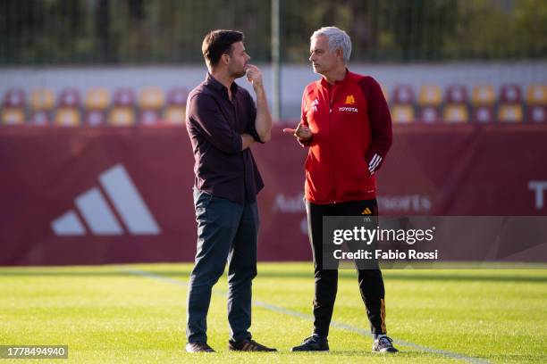 Roma coach Josè Mourinho and Tiago Pinto during a training session at Centro Sportivo Fulvio Bernardini on November 06, 2023 in Rome, Italy.