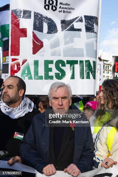 John McDonnell, Labour MP for Hayes and Harlington, is pictured during an Armistice Day march from Hyde Park to the US embassy to call for an...