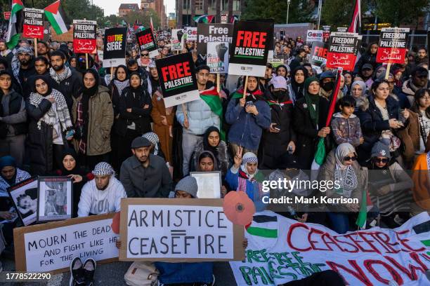 Hundreds of thousands of pro-Palestinian protesters attend an Armistice Day rally close to the US embassy to call for an immediate ceasefire in Gaza...