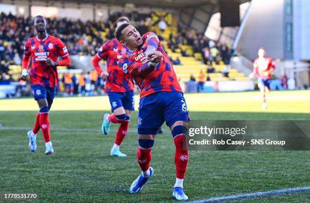 Rangers' James Tavernier celebrates after scoring to make it 2-0 during a cinch Premiership match between Livingston and Rangers at the Tony Macaroni...