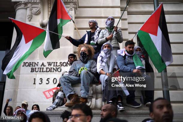 Protesters gather outside the John A. Wilson Building near Freedom Plaza during the National March on Washington for Palestine while calling for a...
