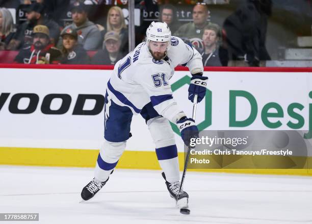 Austin Watson of the Tampa Bay Lightning skates against the Ottawa Senators at Canadian Tire Centre on November 04, 2023 in Ottawa, Ontario, Canada.