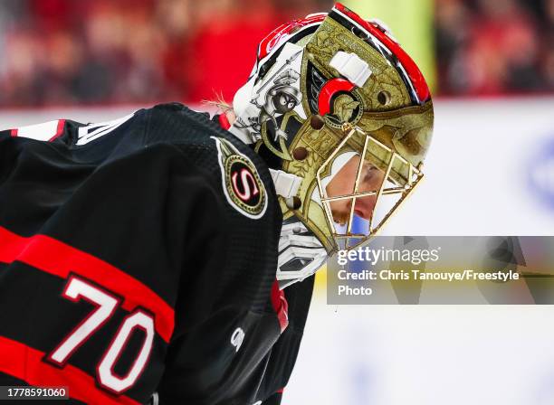 Detail view of Joonas Korpisalo of the Ottawa Senators mask during a game against the Tampa Bay Lightning at Canadian Tire Centre on November 04,...