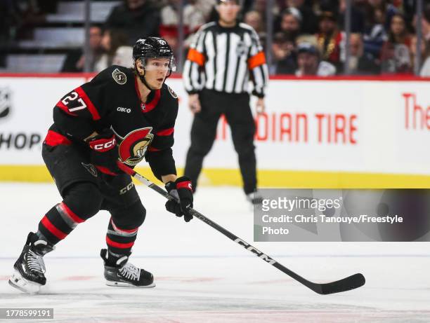 Parker Kelly of the Ottawa Senators skates against the Tampa Bay Lightning at Canadian Tire Centre on November 04, 2023 in Ottawa, Ontario, Canada.