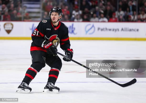 Vladimir Tarasenko of the Ottawa Senators skates against the Tampa Bay Lightning at Canadian Tire Centre on November 04, 2023 in Ottawa, Ontario,...