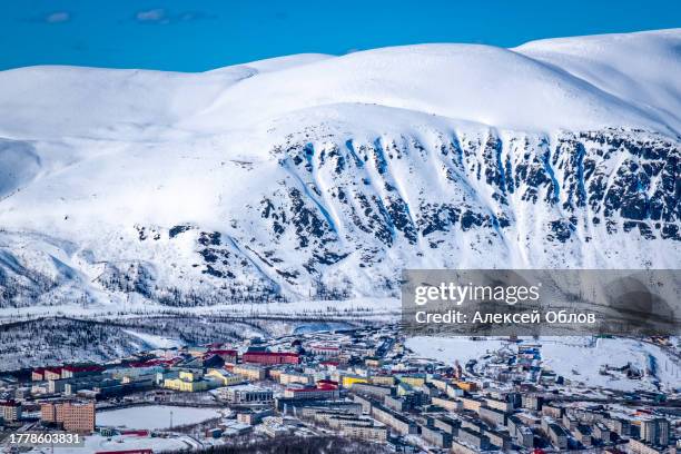 winter panorama of kirovsk. polar city in winter. (kirovsk, russia, murmansk oblast, kola peninsula, known as khibinogorsk, cold winter weather) - murmansk stock pictures, royalty-free photos & images