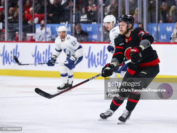 Nikolas Matinpalo of the Ottawa Senators skates against the Tampa Bay Lightning at Canadian Tire Centre on November 04, 2023 in Ottawa, Ontario,...