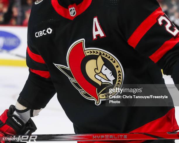 Detail view of Claude Giroux of the Ottawa Senators jersey during a game against the Tampa Bay Lightning at Canadian Tire Centre on November 04, 2023...