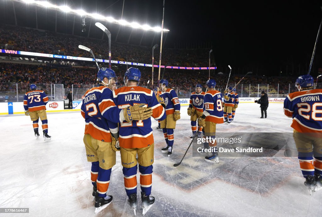 Edmonton Tim The Edmonton Oilers celebrate on the ice after the 2023 Tim Hortons ...