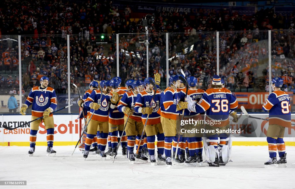 Edmonton Tim The Edmonton Oilers celebrate on the ice after the 2023 Tim Hortons ...