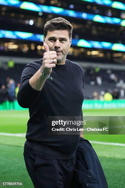 Mauricio Pochettino, Manager of Chelsea, gestures to fans prior to the Premier League match between Tottenham Hotspur and Chelsea FC at Tottenham...