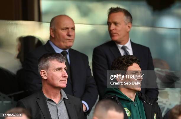 Dublin , Ireland - 12 November 2023; Republic of Ireland manager Stephen Kenny, front left, and coach Keith Andrews with FAI President Gerry...