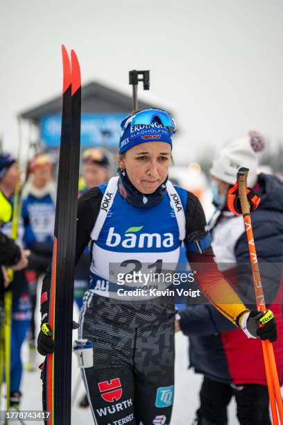 Franziska Preuss of Germany in the finish during the Women 12.5km Mass Start at the Norwegian Biathlon Season Opening on November 12, 2023 in...