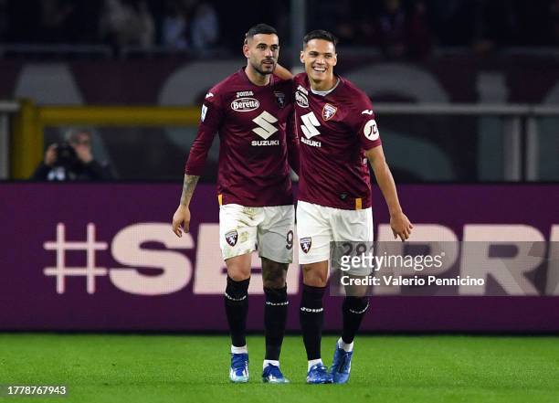 Antonio Sanabria of Torino FC celebrates with Samuele Ricci of Torino FCafter scoring the team's first goal during the Serie A TIM match between...