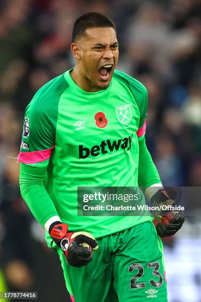 West Ham goalkeeper Alphonse Areola celebrates their winning goal during the Premier League match between West Ham United and Nottingham Forest at...
