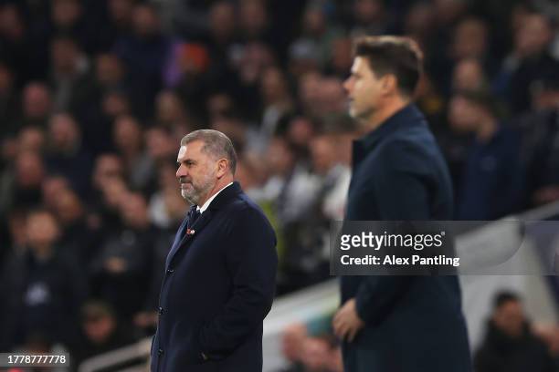 Ange Postecoglou, Manager of Tottenham Hotspur, looks on prior to the Premier League match between Tottenham Hotspur and Chelsea FC at Tottenham...