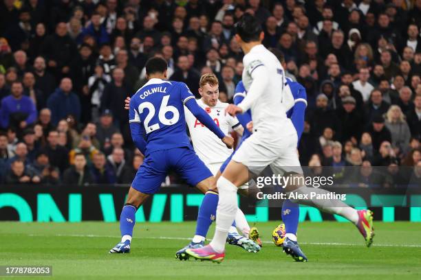 Dejan Kulusevski of Tottenham Hotspur scores the team's first goal during the Premier League match between Tottenham Hotspur and Chelsea FC at...