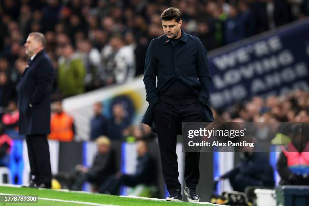 Mauricio Pochettino, Manager of Chelsea, looks dejected after his side concede during the Premier League match between Tottenham Hotspur and Chelsea...