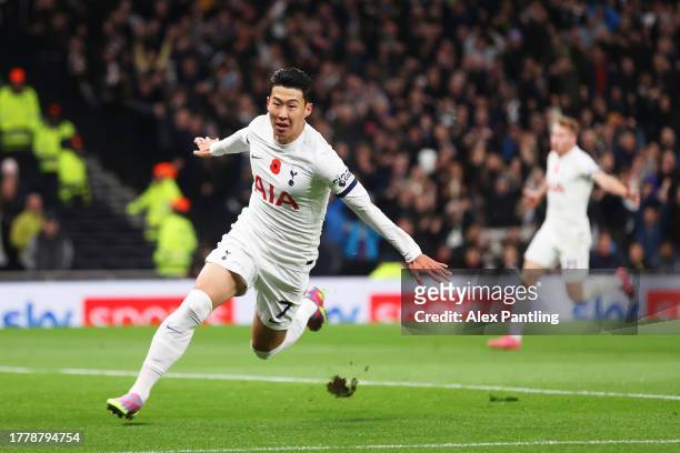 Son Heung-Min of Tottenham Hotspur celebrates after scoring a goal that is later ruled out for offside during the Premier League match between...