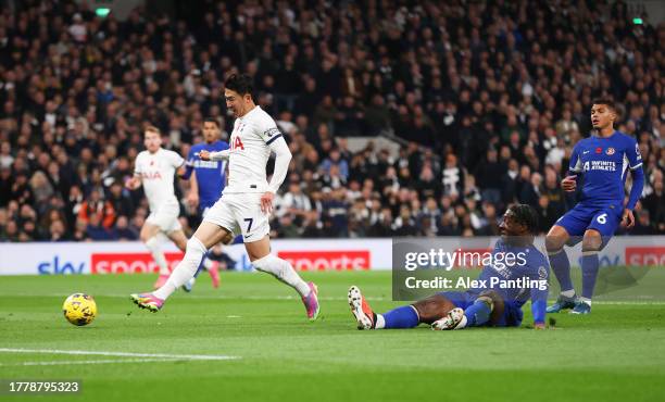 Son Heung-Min of Tottenham Hotspur celebrates after scoring a goal that is later ruled out for offside during the Premier League match between...