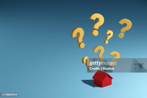 questions marks over house - jmarks stock pictures, royalty-free photos & images