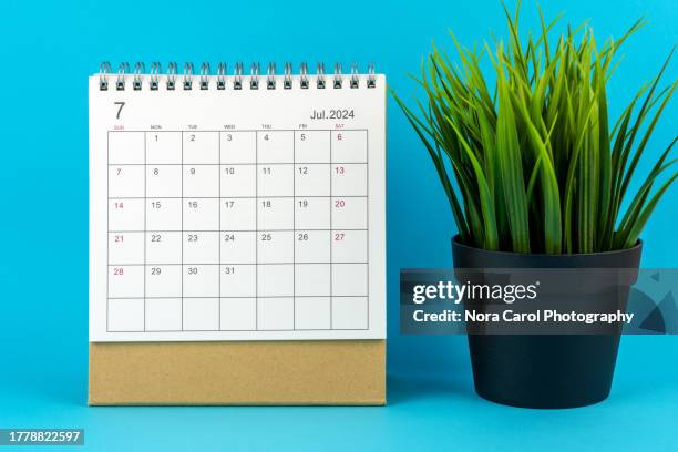 july 2024 desk calendar and potted plant on blue background - week seven stock pictures, royalty-free photos & images