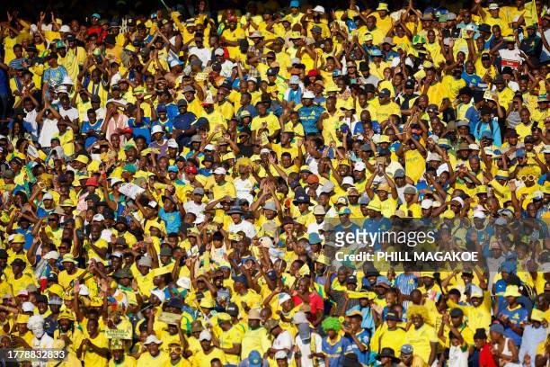 Mamelodi Sundowns fans cheer from the stands during the African Football League second-leg final match between Mamelodi Sundowns and Wydad Casablanca...