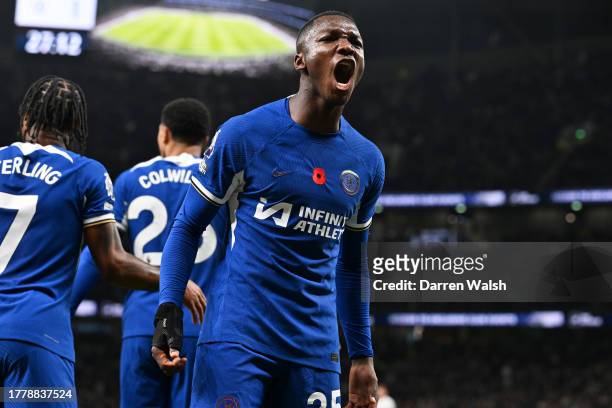 Moises Caicedo of Chelsea celebrates scoring a goal that was later ruled out for offside during the Premier League match between Tottenham Hotspur...