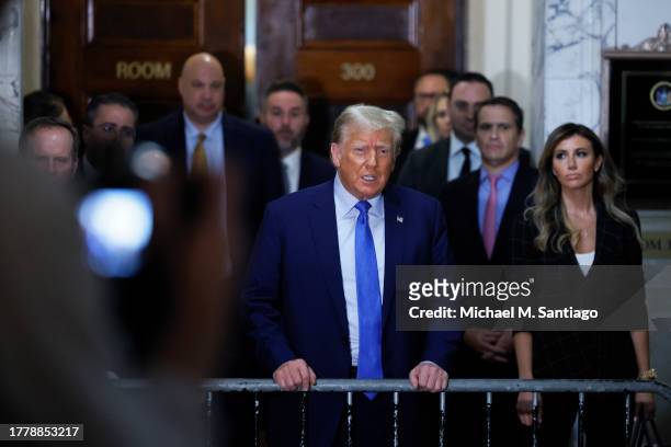 Former President Donald Trump speaks to members of the media after testifying at his civil fraud trial at New York State Supreme Court on November...