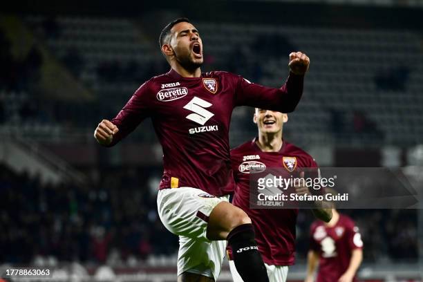 Antonio Sanabria of Torino FC celebrates a goal during the Serie A TIM match between Torino FC and US Sassuolo at Stadio Olimpico di Torino on...