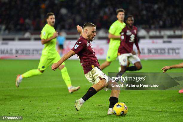 Nikola Vlasic of Torino FC scores the team's second goal during the Serie A TIM match between Torino FC and US Sassuolo at Stadio Olimpico di Torino...