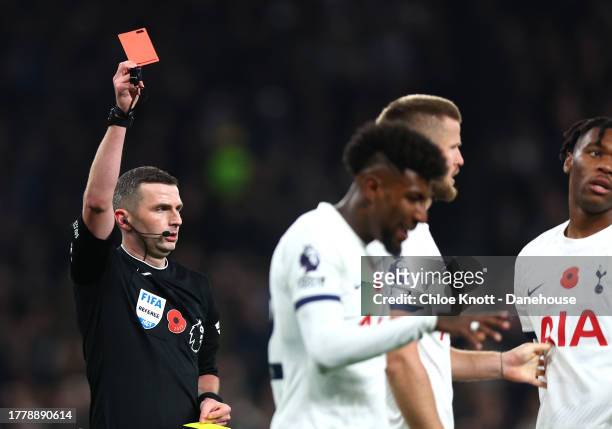 Destiny Odogie of Tottenham Hotspur is awarded a red card during the Premier League match between Tottenham Hotspur and Chelsea FC at Tottenham...