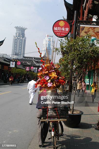 Einheimischer, "Bund Center" (im Hintergrund, Einkaufsstraße, Shanghai, China, Asien, Schild, Reise, Blumen-Vase, Strauß, Fahrrad, MW/JB, Sc.;