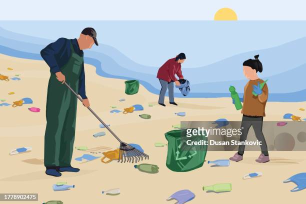 multi generation family cleaning up plastic from the sea - water damage stock illustrations
