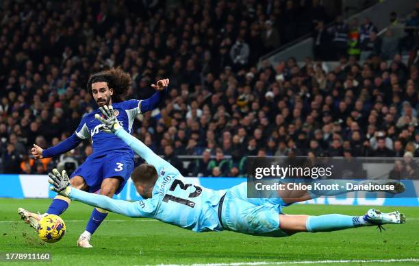 Marc Cucurella of Chelsea FC takes a shot at the goal during the Premier League match between Tottenham Hotspur and Chelsea FC at Tottenham Hotspur...