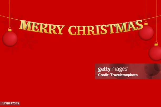 merry christmas garland, classic golden font, three christmas baubles, christmas ball, red and white decoration, xmas with copy space, blank space, red background, newsletter banner, invitation card, greeting card illustration, christmas wishes - festliches ereignis fotografías e imágenes de stock