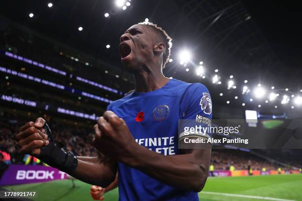 Nicolas Jackson of Chelsea celebrates after scoring the team's second goal during the Premier League match between Tottenham Hotspur and Chelsea FC...