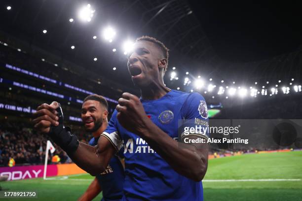 Nicolas Jackson of Chelsea celebrates after scoring the team's second goal during the Premier League match between Tottenham Hotspur and Chelsea FC...