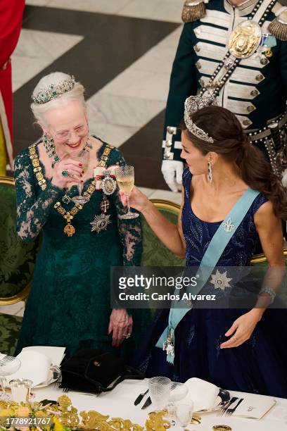 Queen Margrethe of Denmark and Queen Letizia of Spain attend a gala dinner at the Christiansborg Palace on November 06, 2023 in Copenhagen, Denmark.