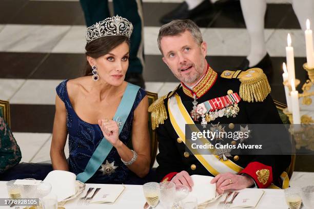 Queen Letizia of Spain and Crown Prince Frederik of Denmark attend a gala dinner at the Christiansborg Palace on November 06, 2023 in Copenhagen,...