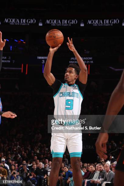 Theo Maledon of the Charlotte Hornets shoots the ball during the game against the New York Knicks on November 12, 2023 at Madison Square Garden in...