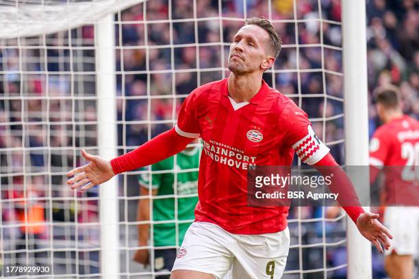 Luuk de Jong of PSV celebrates after scoring his teams third goal during the Dutch Eredivisie match between PSV and PEC Zwolle at Philips Stadion on...