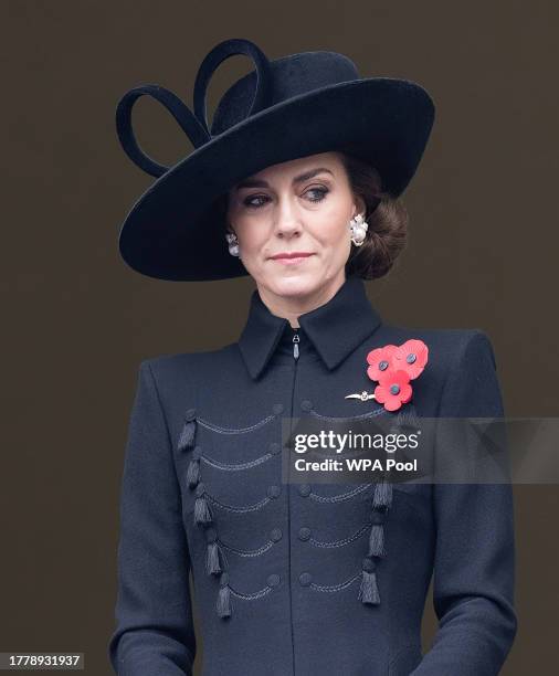 Catherine, Princess of Wales stands in the royal box overlooking the Cenotaph on Remembrance Sunday on November 12, 2023 in London, England. Every...