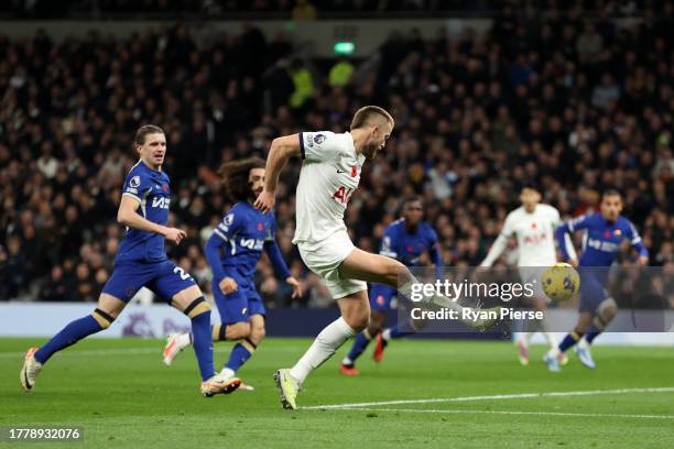 Eric Dier of Tottenham Hotspur scores a goal which was later ruled out for offside during the Premier League match between Tottenham Hotspur and...