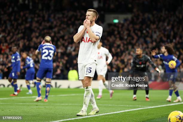 Eric Dier of Tottenham Hotspur celebrates scoring a goal which was later ruled out for offside during the Premier League match between Tottenham...